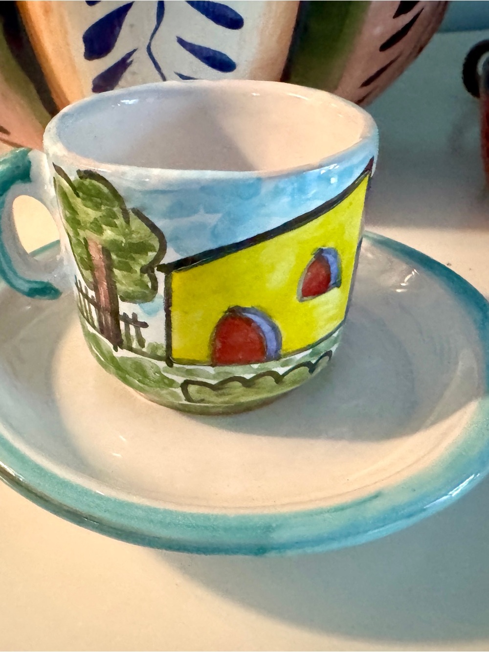 MAJOLICA- ITALY HAND-PAINTED Ceramic DEMITASSE Cup & Saucer